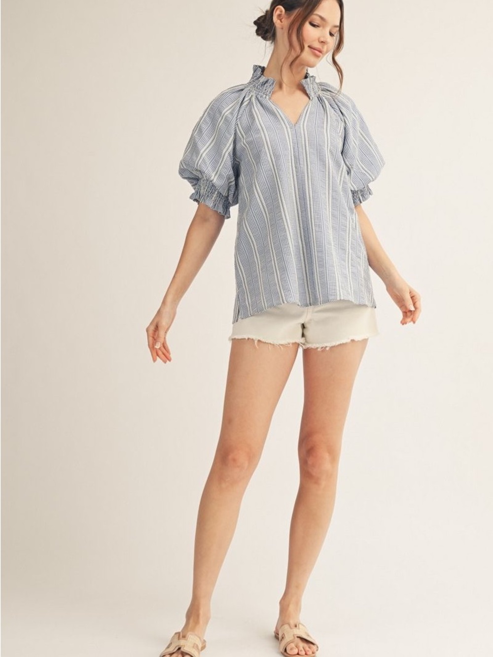 J odifl Blue Gingham Puff Sleeve Blouse | Size large  | Cottagecore Coastal nwt